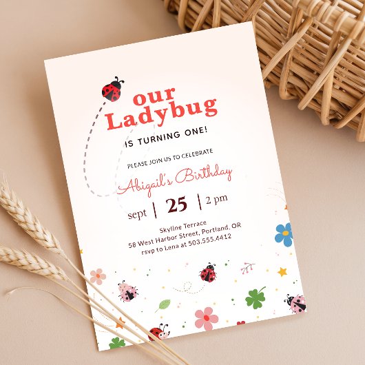 Cute Bug Ladybug Baby Girl 1st Birthday Party 招待状