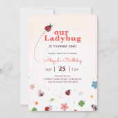 Cute Bug Ladybug Baby Girl 1st Birthday Party 招待状 (正面)