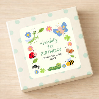 Cute Bug Ladybug Buttefly Kids 1st Birthday  スクエアシール