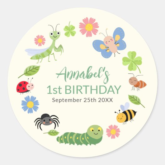 Cute Bug Ladybug Buttefly Kids 1st Birthday  ラウンドシール (正面)