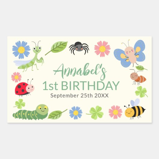 Cute Bug Ladybug Buttefly Kids 1st Birthday  長方形シール (正面)