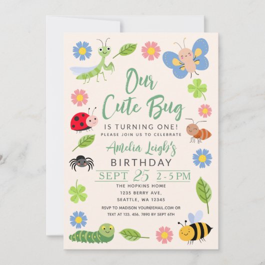 Cute Bug Ladybug Buttefly Kids 1st Birthday Party 招待状 (正面)