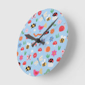 Cute Bugs Kids Wall Clock – Ladybirds, Bees & Natu ラウンド壁時計 (傾斜)