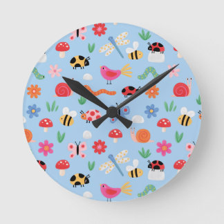 Cute Bugs Kids Wall Clock – Ladybirds, Bees & Natu ラウンド壁時計