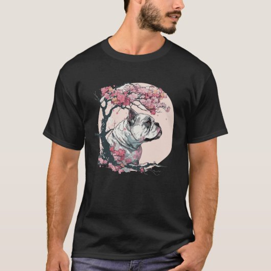 Cute Bulldog Cherry Blossom Dog Breed Japanese Wat Tシャツ (正面)