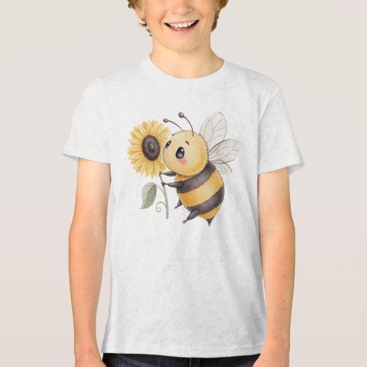 Cute Bumblebee with Sunflower Illustration トライブレンドTシャツ (正面)
