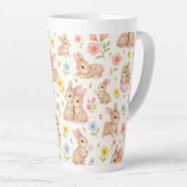 Cute Bunnies and Flowers Pattern カフェラテマグ