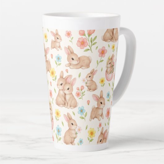 Cute Bunnies and Flowers Pattern カフェラテマグ (右アングル)