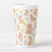 Cute Bunnies and Flowers Pattern カフェラテマグ (正面)