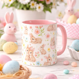 Cute Bunnies and Flowers Pattern マグカップ