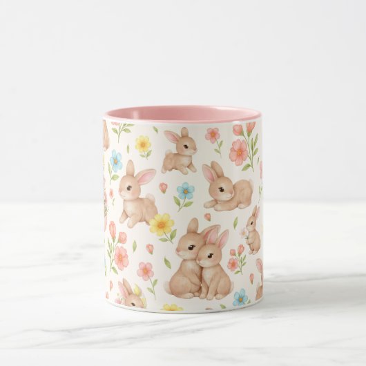 Cute Bunnies and Flowers Pattern マグカップ (中央)