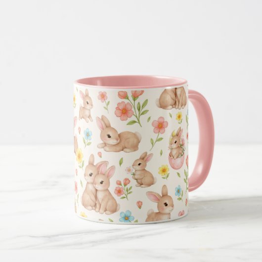 Cute Bunnies and Flowers Pattern マグカップ (正面右)