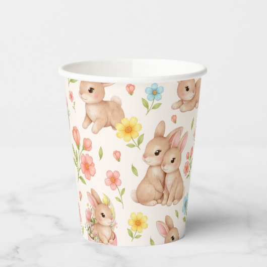 Cute Bunnies and Flowers Pattern 紙コップ (左)