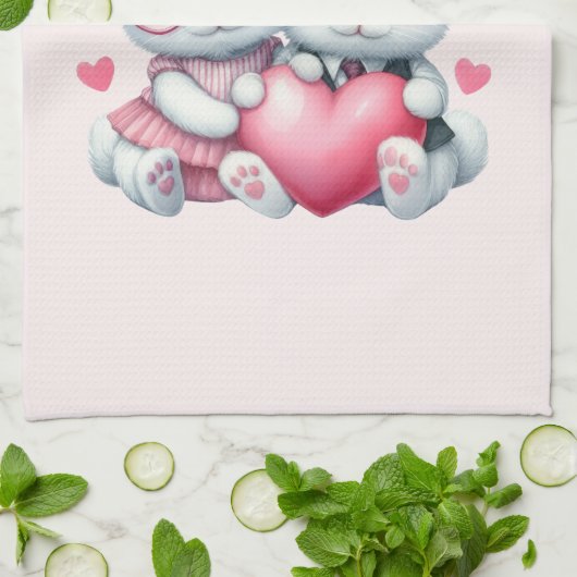 Cute Bunnies Sharing a Heart キッチンタオル (折り畳み)
