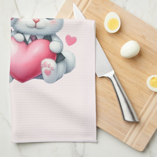 Cute Bunnies Sharing a Heart キッチンタオル (四つ折り)
