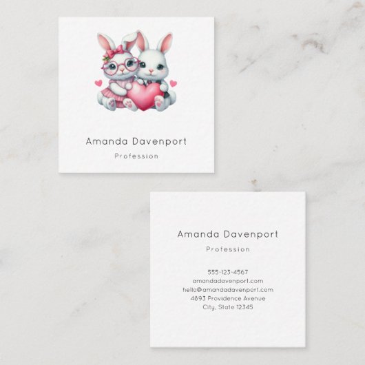 Cute Bunnies Sharing a Heart スクエア名刺 (正面/裏面)