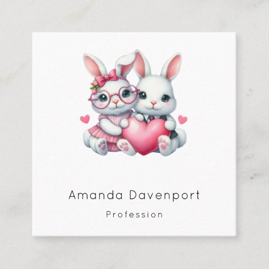 Cute Bunnies Sharing a Heart スクエア名刺 (正面)