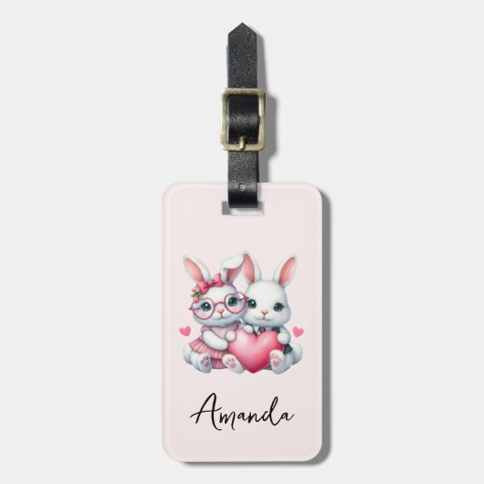 Cute Bunnies Sharing a Heart ラゲッジタグ (正面縦)