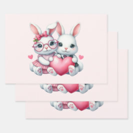 Cute Bunnies Sharing a Heart ラッピングペーパーシート