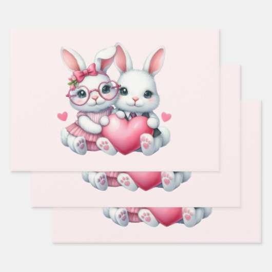 Cute Bunnies Sharing a Heart ラッピングペーパーシート (セット)