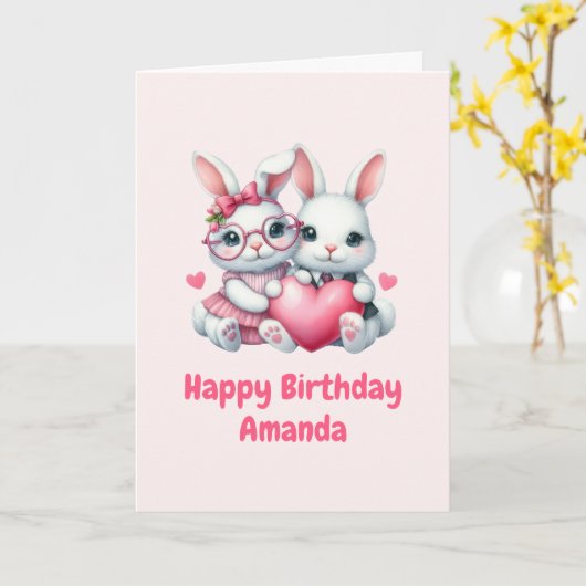 Cute Bunnies Sharing a Heart Birthday カード (黄色い花)