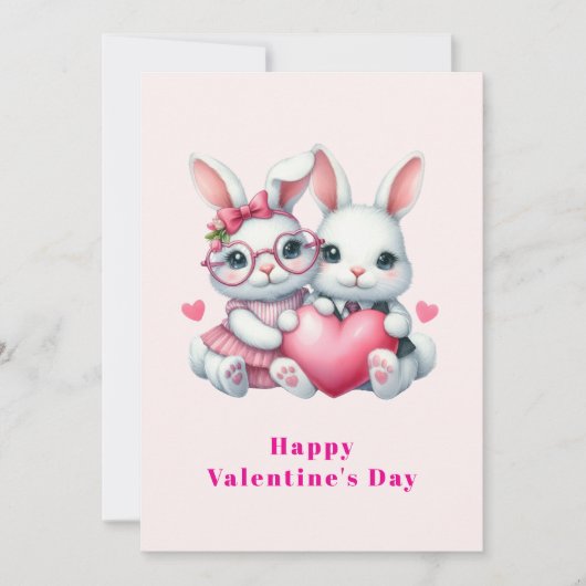 Cute Bunnies Sharing a Heart Valentine's シーズンカード (正面)