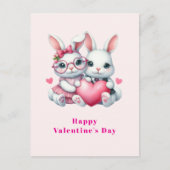 Cute Bunnies Sharing a Heart Valentine's Day シーズンポストカード (正面)