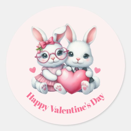 Cute Bunnies Sharing a Heart Valentine's Day ラウンドシール (正面)