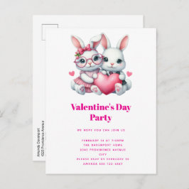 Cute Bunnies Sharing a Heart Valentine's Party インビテーションポストカード