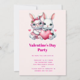 Cute Bunnies Sharing a Heart Valentine's Party 招待状