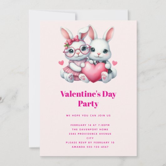 Cute Bunnies Sharing a Heart Valentine's Party 招待状 (正面)
