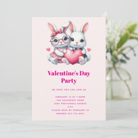 Cute Bunnies Sharing a Heart Valentine's Party 招待状 (スタンド正面)