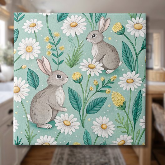 Cute Bunnies Sitting Among White Daisies タイル