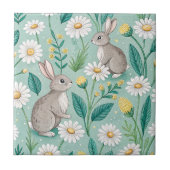 Cute Bunnies Sitting Among White Daisies タイル (正面)