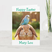 Cute Bunny and Blue Budge Personalized Easter カード (正面)