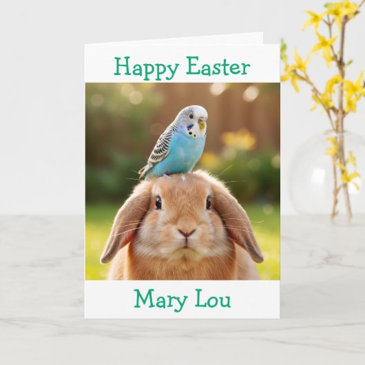 Cute Bunny and Blue Budge Personalized Easter カード (黄色い花)