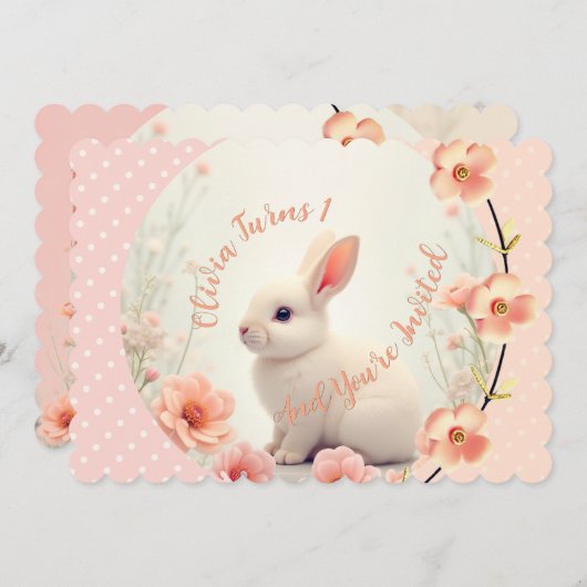 Cute Bunny And Floral 招待状 (正面/裏面)
