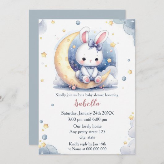 cute bunny and lovely moon baby shower 招待状 (正面/裏面)