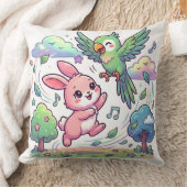Cute Bunny and Parrot Playing Sticker |  クッション (ブランケット)