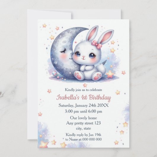 cute bunny and the crescent moon birthday 招待状 (正面)