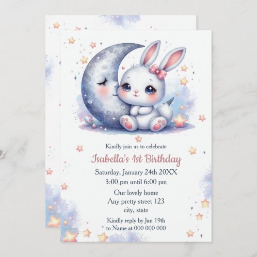 cute bunny and the crescent moon birthday 招待状 (正面/裏面)