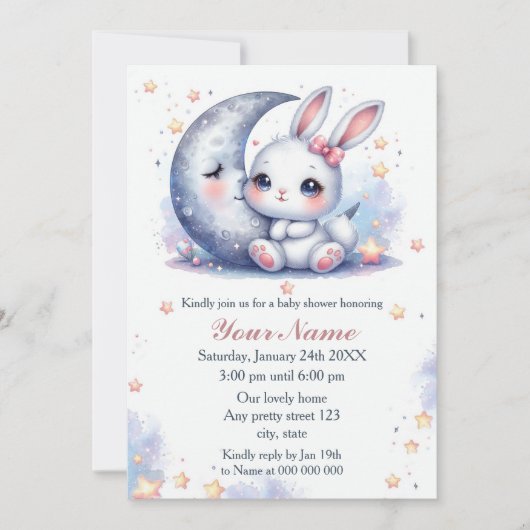 cute bunny and the moon baby shower 招待状 (正面)
