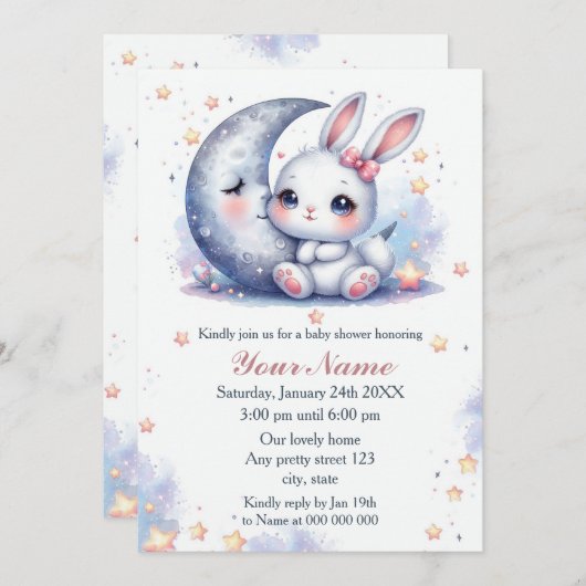 cute bunny and the moon baby shower 招待状 (正面/裏面)