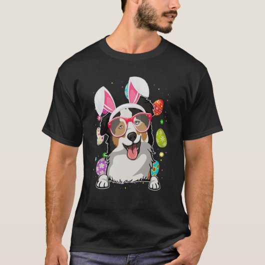 Cute Bunny Australian Shepherd Dog Face Easter Egg Tシャツ (正面)
