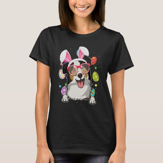 Cute Bunny Australian Shepherd Dog Face Easter Egg Tシャツ (正面)