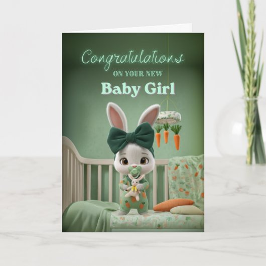 Cute Bunny Baby in Green Congrats on New Baby Girl カード (正面)