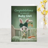 Cute Bunny Baby in Green Congrats on New Baby Girl カード (黄色い花)