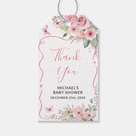 Cute Bunny Baby Shower Girl Pink Floral ギフトタグ (正面)