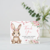Cute Bunny Baby Shower Girl Pink Floral サンキューカード (スタンド正面)