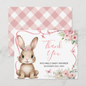 Cute Bunny Baby Shower Girl Pink Floral サンキューカード (正面/裏面)